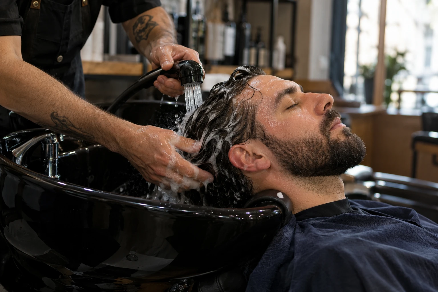 Photographic concept of shampooing at a barber wash basin